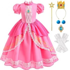 Tacobear Deguisement Peach Enfant Fille avec Couronne Baguette Magique Gants Boucles Doreilles Super Bros Princesse Peach Ro