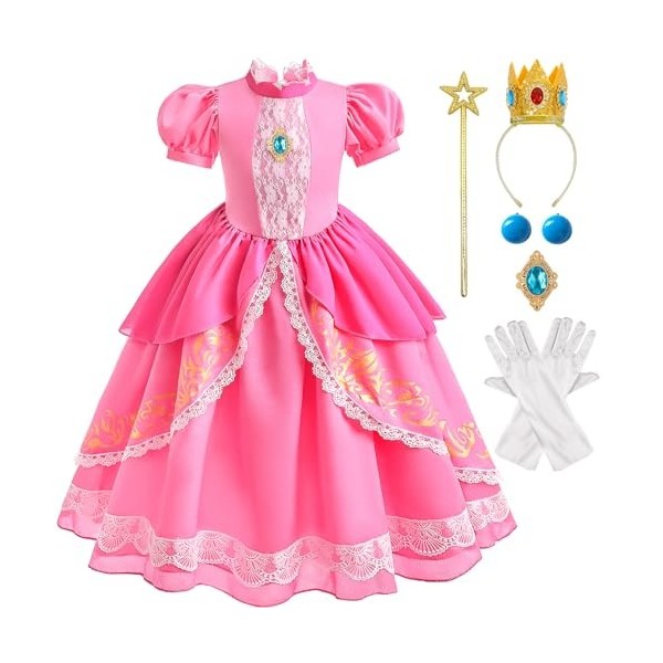 Tacobear Deguisement Peach Enfant Fille avec Couronne Baguette Magique Gants Boucles Doreilles Super Bros Princesse Peach Ro