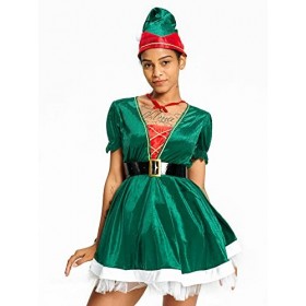 IKALI Femmes Costume De Noël Santa Elf Robe Roleplay Cadeau De Fête Adulte Fantaisie Dress Up Outfit avec Chapeau Ceinture Ch