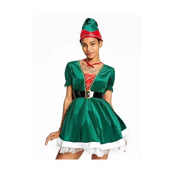 IKALI Femmes Costume De Noël Santa Elf Robe Roleplay Cadeau De Fête Adulte Fantaisie Dress Up Outfit avec Chapeau Ceinture Ch