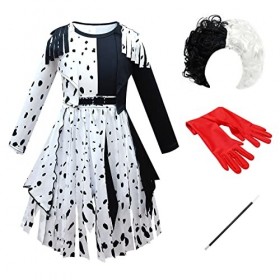 Cruella Deville Costume pour enfant fille Halloween Carnaval 101 Dalmatiens Cosplay Robe + perruque + gants + barre 5 pièces 