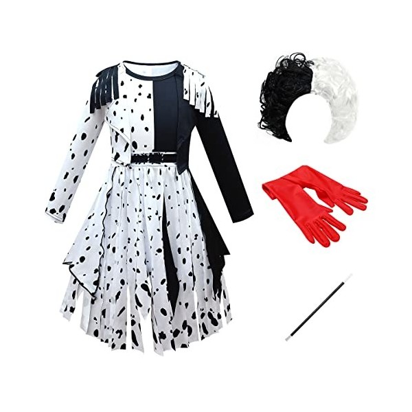 Cruella Deville Costume pour enfant fille Halloween Carnaval 101 Dalmatiens Cosplay Robe + perruque + gants + barre 5 pièces 