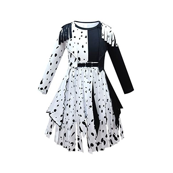 Cruella Deville Costume pour enfant fille Halloween Carnaval 101 Dalmatiens Cosplay Robe + perruque + gants + barre 5 pièces 