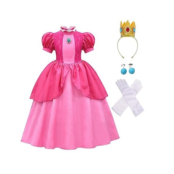 laughZuaia Costume de princesse pour petite fille - Manches bouffantes - Super Bros - Pour cosplay - Couronne de pêche - Gant