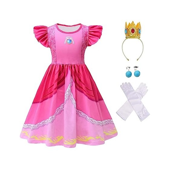 laughZuaia Costume de princesse pour petite fille - Manches bouffantes - Super Bros - Pour cosplay - Couronne de pêche - Gant