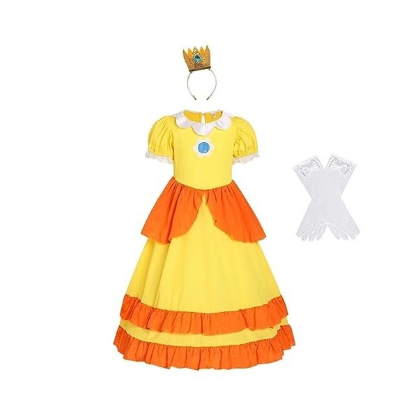 Lito Angels Deguisement Robe Princesse Daisy avec Couronne et Gants pour Enfant Fille Taille 4-5 ans, Jaune étiquette en tis