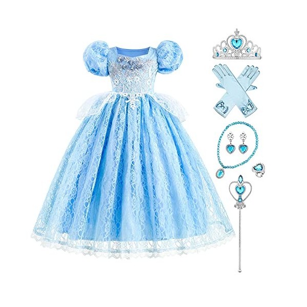 IBAKOM Enfant Fille Robe Princesse Cendrillon Tenues Carnaval Halloween Noël Anniversaire Fête Jouer un rôle Gants Baguette M