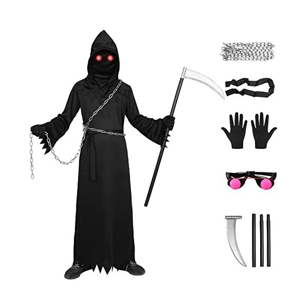 Partymall Costume de faucheuse pour cosplay - Pour enfant - Costume dHalloween - Robe Reaper avec chaîne, fausse, mort - Cos