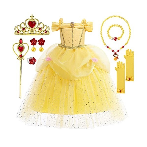 TOLOYE Costume de princesse pour filles, déguisement Belle pour filles avec couronne, baguette, collier, robe de princesse Be