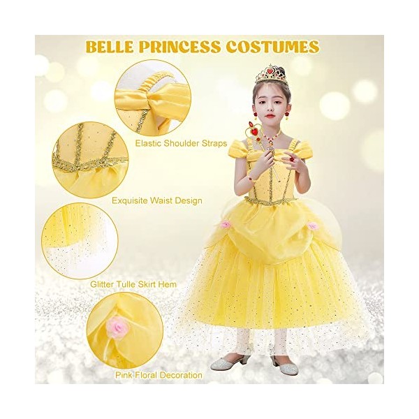 TOLOYE Costume de princesse pour filles, déguisement Belle pour filles avec couronne, baguette, collier, robe de princesse Be