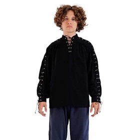CoolChange Chemise médiévale pour déguisement de chevalier ou de pirate | Noir | Avec col montant & laçage | Taille : S