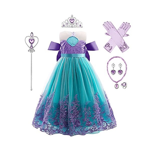 OBEEII Petite Sirène Robe Filles Princesse Ariel Déguisement pour Enfant Sirène Carnaval Costume Halloween Cosplay Fête Anniv