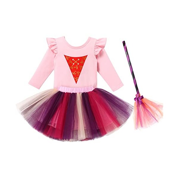 Costume Mary Sanderson à manches longues pour bébé fille, barboteuse tutu et balai Sanderson Sister Halloween Cosplay Sorcièr