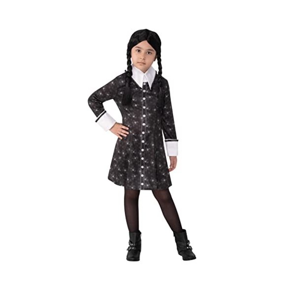 RUBIES - Déguisement Classique Enfant ADDAMS FAMILY Officiel - Robe Manches Longues Noire avec Motif Imprimés - Mercredi Adda