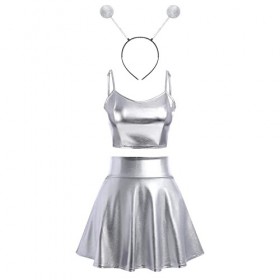 IMEKIS Costume de fille spatiale pour femme, costume dextraterrestre, brillant, métallique, crop top avec mini jupe, serre-t