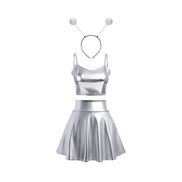 IMEKIS Costume de fille spatiale pour femme, costume dextraterrestre, brillant, métallique, crop top avec mini jupe, serre-t