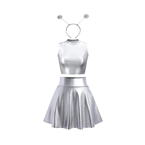 IMEKIS Costume de fille spatiale pour femme, costume dextraterrestre, brillant, métallique, crop top avec mini jupe, serre-t