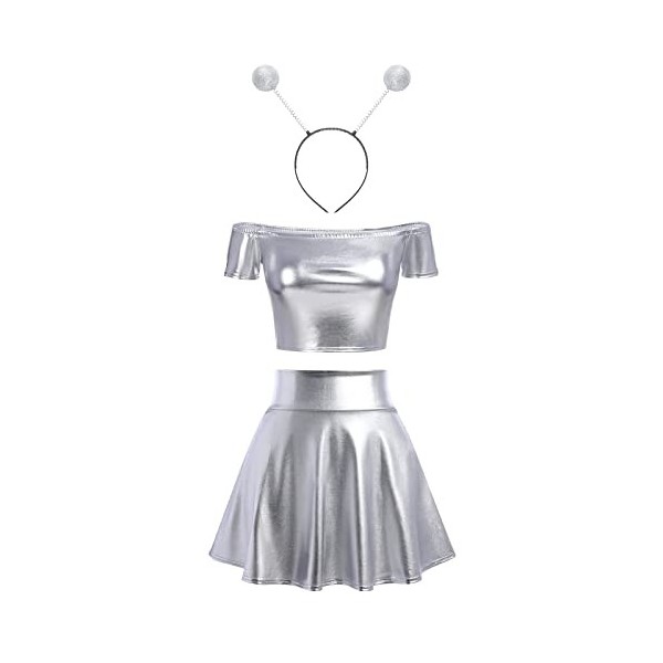 IMEKIS Costume de fille spatiale pour femme, costume dextraterrestre, brillant, métallique, crop top avec mini jupe, serre-t