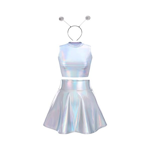 IMEKIS Costume de fille spatiale pour femme, costume dextraterrestre, brillant, métallique, crop top avec mini jupe, serre-t