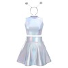 IMEKIS Costume de fille spatiale pour femme, costume dextraterrestre, brillant, métallique, crop top avec mini jupe, serre-t