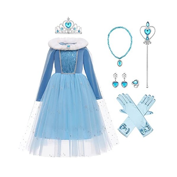 Filles Princesse Elsa Anna Costumes Disney Reine des Neiges Manches longues Paillettes Flocon de Neige Velours Tulle Robe Dég