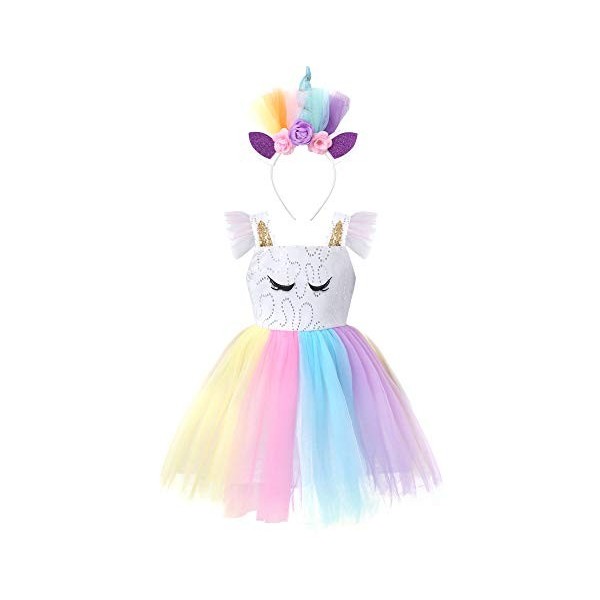 IEFIEL Enfant Licorne Robe de Princesse Fille Déguisement Carnaval Robe Habillé Cérémonie & Serre-tête & Aile dange Fée Hall