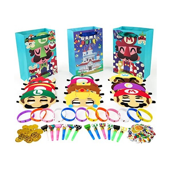 YIIHMEI Super Bros Lot de 110 petits cadeaux Super Mario Party avec sac de fête, pièces de monnaie, masque de dragon, bracele