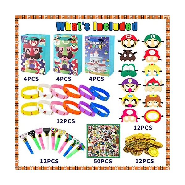 YIIHMEI Super Bros Lot de 110 petits cadeaux Super Mario Party avec sac de fête, pièces de monnaie, masque de dragon, bracele