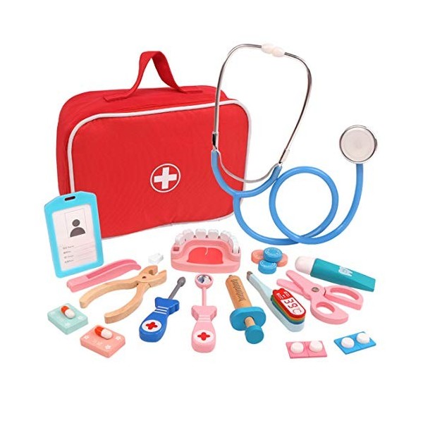 Gettmax 26 Pièces Malette Valise Docteur Enfant en Bois, Valise de Docteur Enfant, Jouet Medical, Jeux dimitation Enfant pour