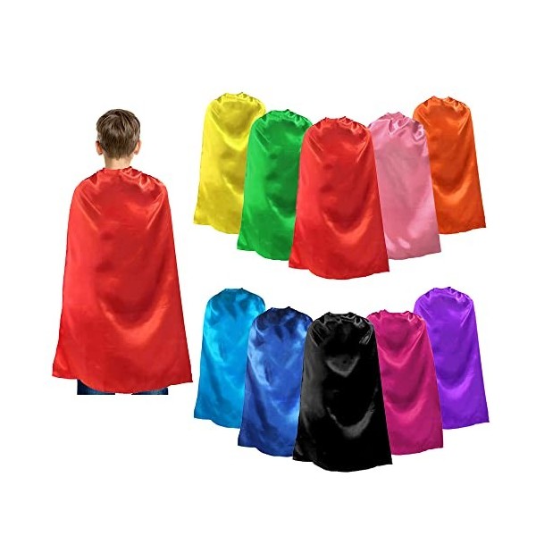 TOPTIE Lot de 10 capes de super-héros en satin, costumes dHalloween et déguisements pour enfants et adultes - Noir - 119 cm 