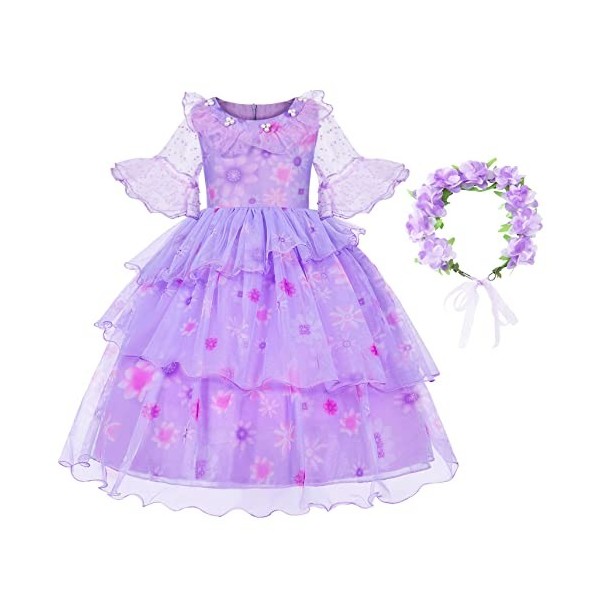 Marendyee Costume Encanto pour fille Isabella Encanto - Robe imprimée violette à manches courtes - Costume dIsabella avec gu