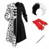 IMEKIS Déguisement Cruella Fille Reine du Mal Robe Dalmate Robe Noire Blanc Avec des Gants Perruque Porte Personnage de Film 