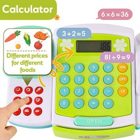 HYAKIDS Grande Caisse Enregistreuse Jouet, 39 Accessoires, Supermarché avec Balance Mécanique Vraie Calculatrice Scanner Son 
