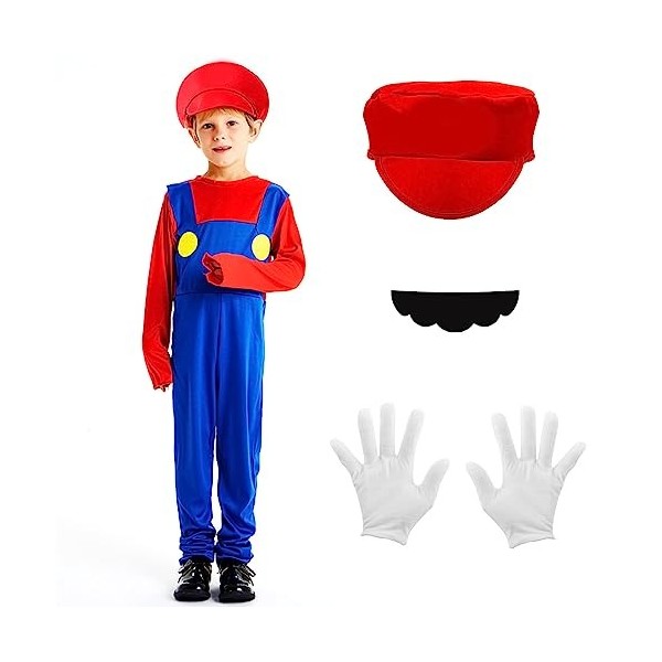 Déguisement Mario/Luigi avec une combinaison, casquette et moustache, pour carnaval, Halloween, cosplay, unisexe, enfants/adu