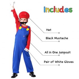 Déguisement Mario/Luigi avec une combinaison, casquette et moustache, pour carnaval, Halloween, cosplay, unisexe, enfants/adu