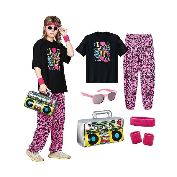 Partymall Costume des années 80, t-shirt, pantalon large, lunettes, bracelets de sport et radio gonflable pour carnaval, Hall