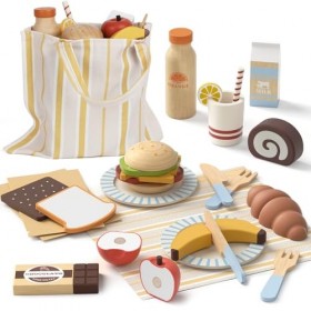 Lehoo Castle Cuisine en Bois Enfant, Jouets de Pique-Nique en Bois Apportez des Dessert, Dinette Enfant avec Sac de Rangement