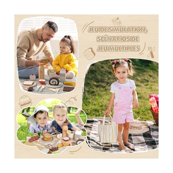 Lehoo Castle Cuisine en Bois Enfant, Jouets de Pique-Nique en Bois Apportez des Dessert, Dinette Enfant avec Sac de Rangement