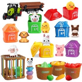 Jouets Montessori dApprentissage pour Enfants, Ensemble de Jouets de Ferme 4 en 1 avec Animaux pour Tout-Petits de 1 à 3 ans