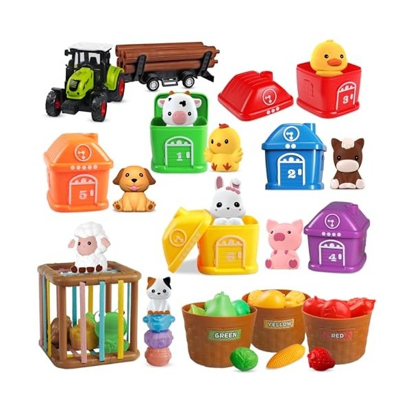 Jouets Montessori dApprentissage pour Enfants, Ensemble de Jouets de Ferme 4 en 1 avec Animaux pour Tout-Petits de 1 à 3 ans