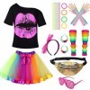 Deguisement Annee 80 Accessoire Femme Fluo Déguisement Année 80s Disco Fête Tutu T-shirt Sac Banane, Lunette, Bandeau, Collie