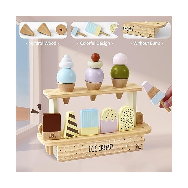 Little Log Jouet de crème glacée en Bois pour Enfants Boutique de Jeux de rôle Jouet en Bois Dessert Simulation Ensembles de 