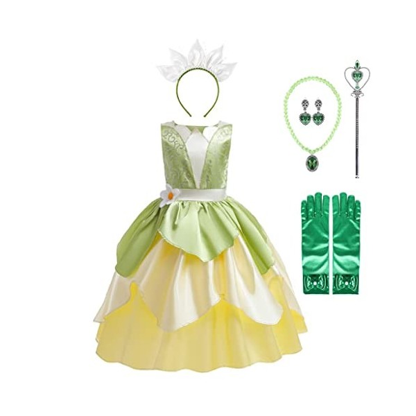 Lito Angels Deguisement Costume Robe de Princesse Tiana pour Enfant Fille Taille 6-7 ans, Vert