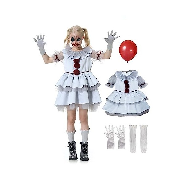 Costume Pennywise Enfant Fille 3 Pièces - Robe Tutu, Gants, épingle à Cheveux Rouge - Pour Halloween Et Fêtes Déguisées