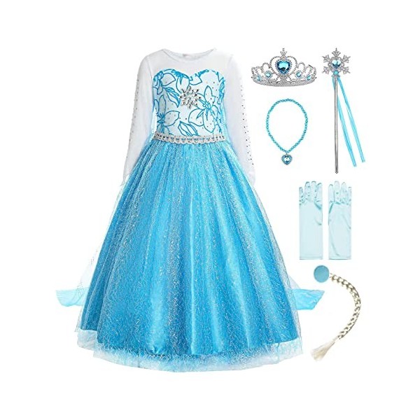 ReliBeauty Déguisement Princesse Filles Manches Longues Robe Costume avec Accessoires Bleu，150