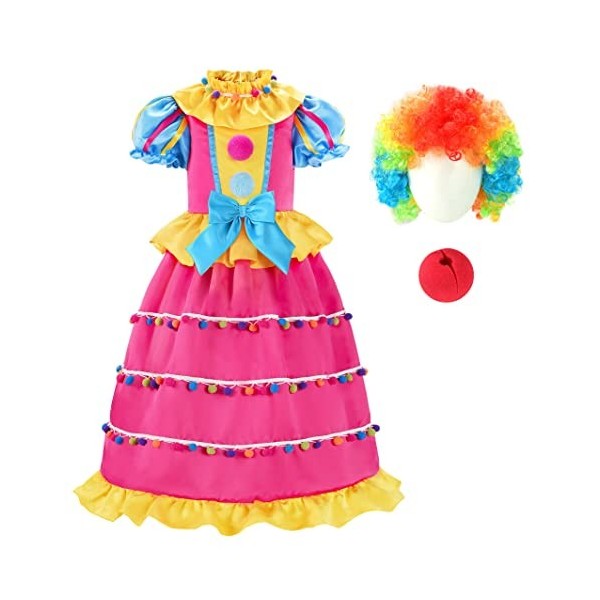 ReliBeauty Déguisement Clown Enfant Costume Carnaval pour Fille avec Perruque 5-6ans, 110