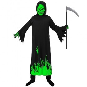 BIGLUFU Costume de Faucheuse Enfant qui Brille dans le Noir Masque deffroi Faucheuse Enfant Halloween Costume Garçon Robe Fa