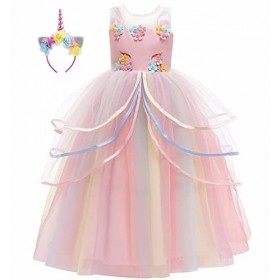 MISS & MR BM Robe Princesse fille, Déguisement Licorne filles, Déguisement Princesse avec corne licorne pour filles enfants, 