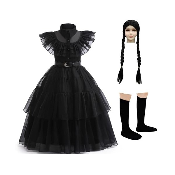 Tangsenyu – Costume de Mercredi Addams pour enfants, filles, avec robe, perruque et chaussettes