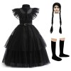 Tangsenyu – Costume de Mercredi Addams pour enfants, filles, avec robe, perruque et chaussettes